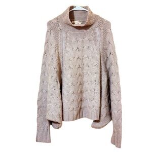 Lovestitch Beige Cable Knit Wool Blend Sweater S/M Oversized Batwing Turtleneck
